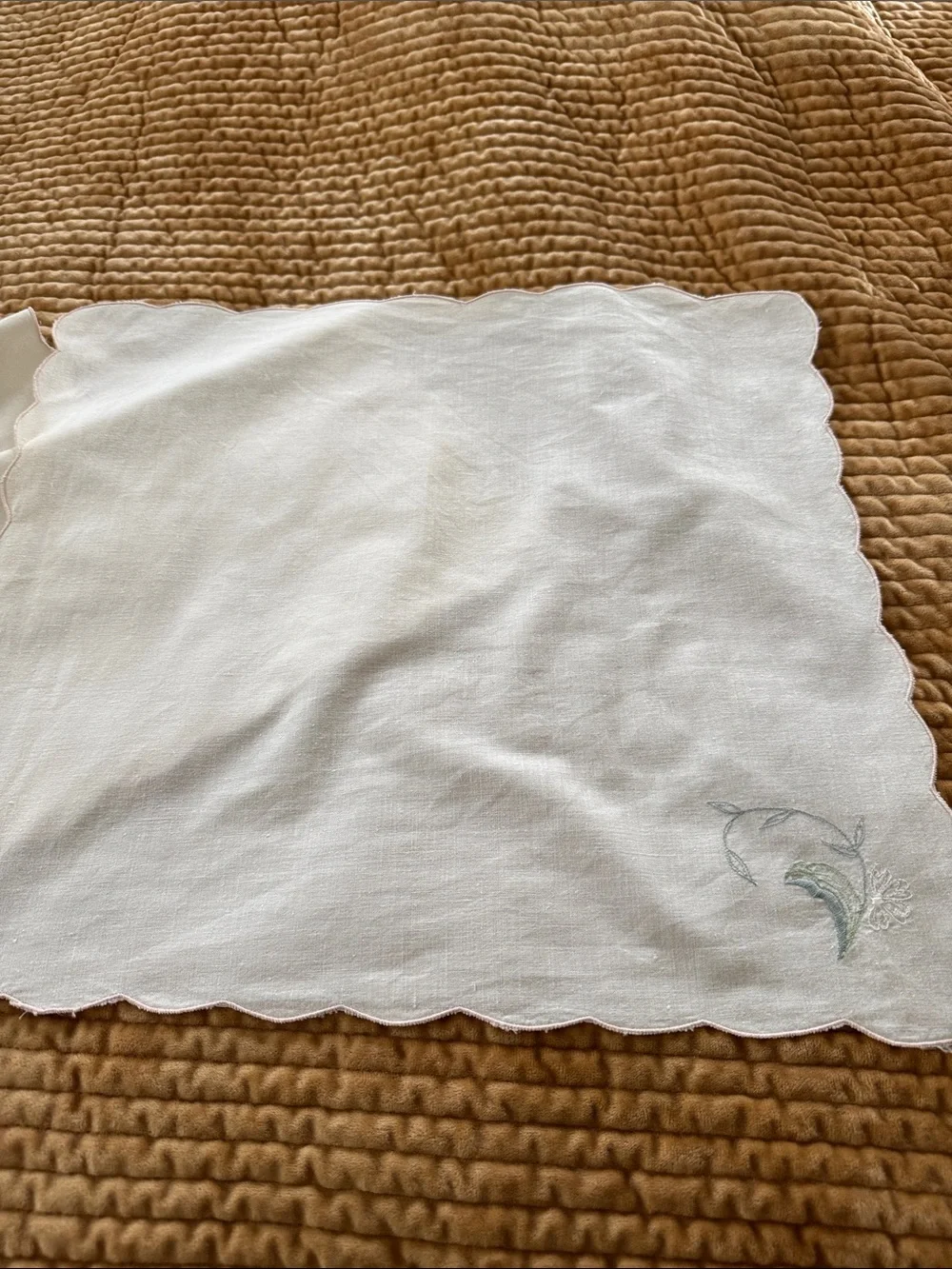 Vintage Embroidered Scalloped Linen Napkin with Pastel Floral Motif Set of 6